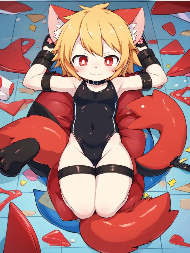 Red pupils, detailed hair, young，One-piece swimsuit,Firmware version, furry anime, Bragon, very cute face, face flushed, Playful, young, detailedbackground, Detailed fanart, pixiv, digitial painting, tmasterpiece, high high quality, A high resolution，Sneak into the slimes，wrapped in tape，bound by tape，Two cats tied together with tape，random colors，random species，solo portrait，Foot mats，legs separated，The tail is in the right place，Cat's paws