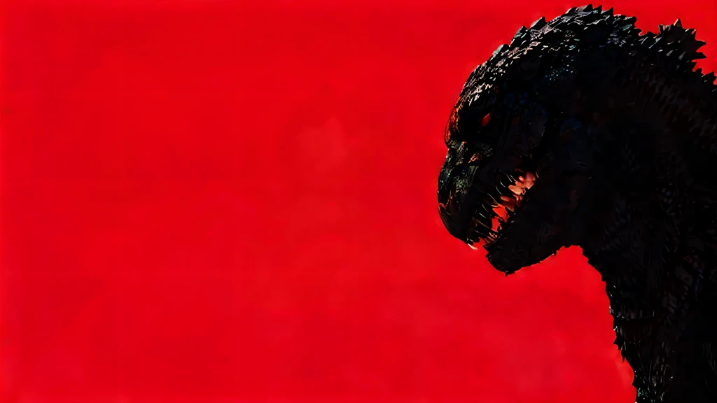 Godzilla stands in front of a red background with a red sky, Shin Godzilla, Godzilla, Retrato do personagem de Godzilla, Trex de Godzilla (2014), em um fundo vermelho, Retrato de Godzilla, Kaiju, Liam Neeson contra Godzilla, jin - roh, humor vermelho no fundo, Kaiju-Eiga, 16:9
