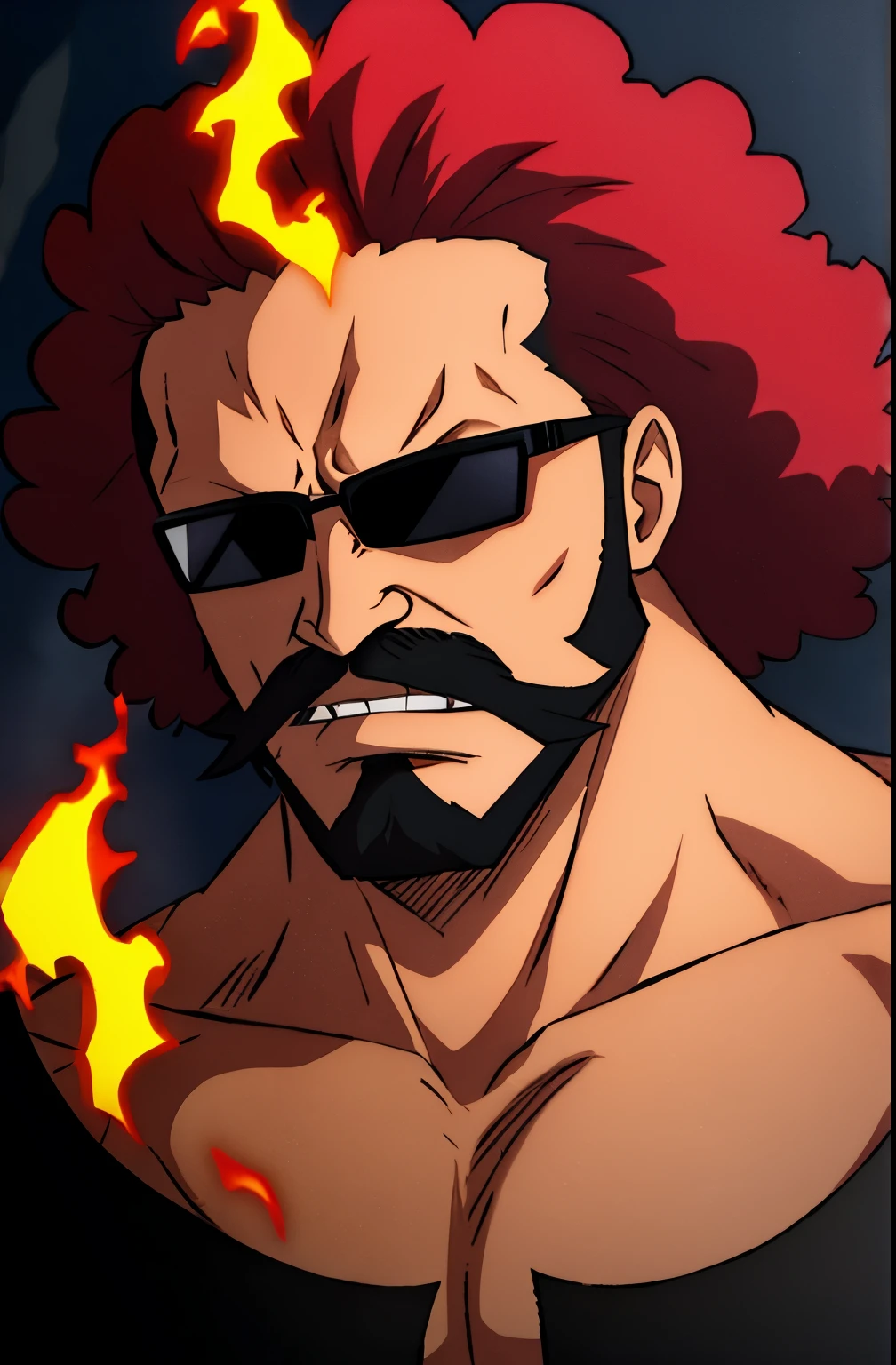 1boy, wanostyle, angry looking, looking at viewer, red afro hair, black sunglasses, black beard, black mustache, solo, upper body, (((masterpiece))), ((best quality)), (extremely detailed), watercolor, illustration, depth of field, sketch, dark intense shadows, sharp focus, soft lighting, hdr, colorful, good composition, fire all around, spectacular, closed shirt, anime screencap