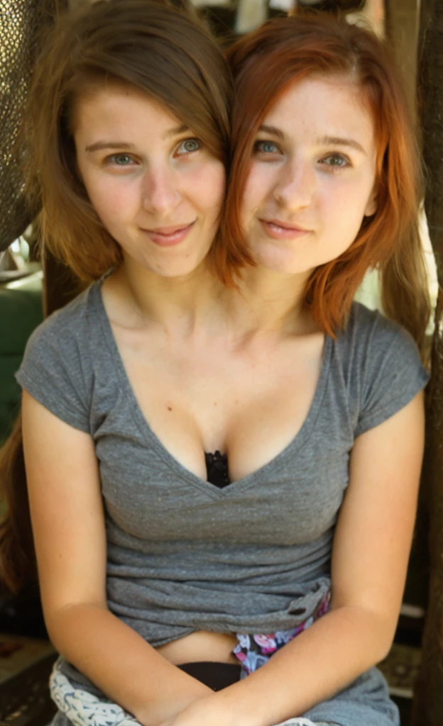 2heads, two headed girl, (a girl and a 14 year old (a redhead and a brunette:1.3)