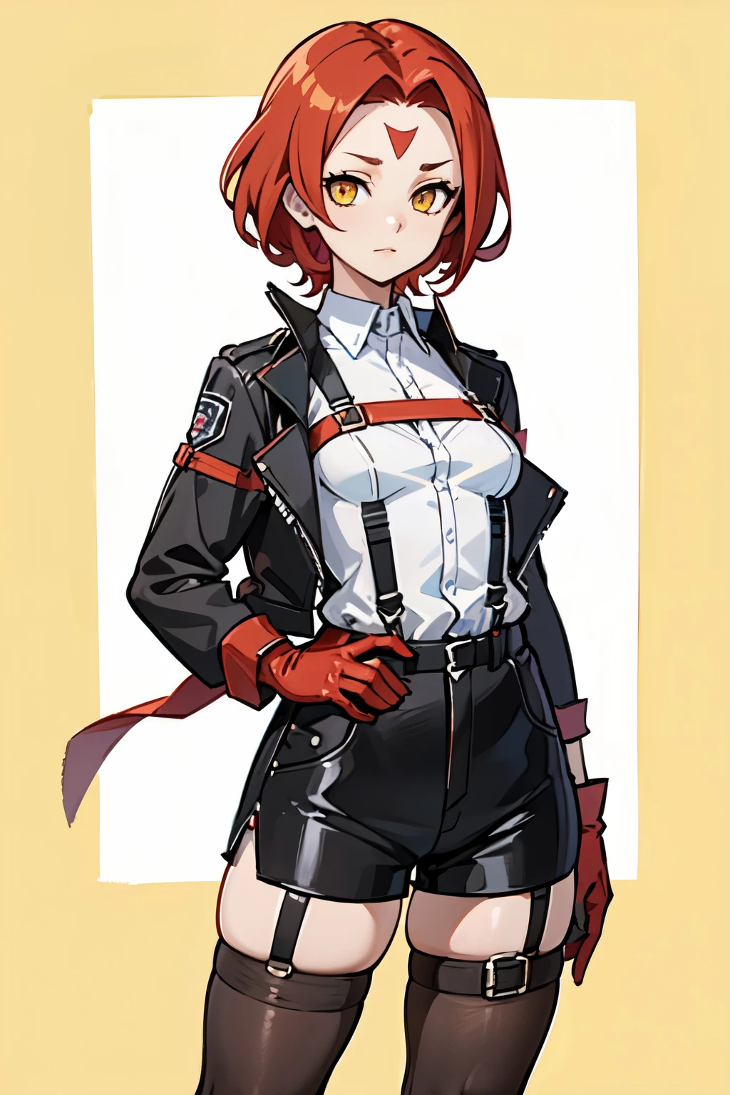 1girl, young woman, solo, short hair, Small hair, (forehead:1.2), yellow eyes, sharp ocular posture, (scarlet red hair), light brown skin tone, Athletic, muscular girl, medium breasts, (cropped jacket, black jacket), white shirt, collared shirt, (chest harness, shoulder strap:1.15), black leather shorts, pantyhose 7/8, garter belt, gloves, elegant, looking at viewer, standing, mustard color background, masterpiece, best quality, 4k