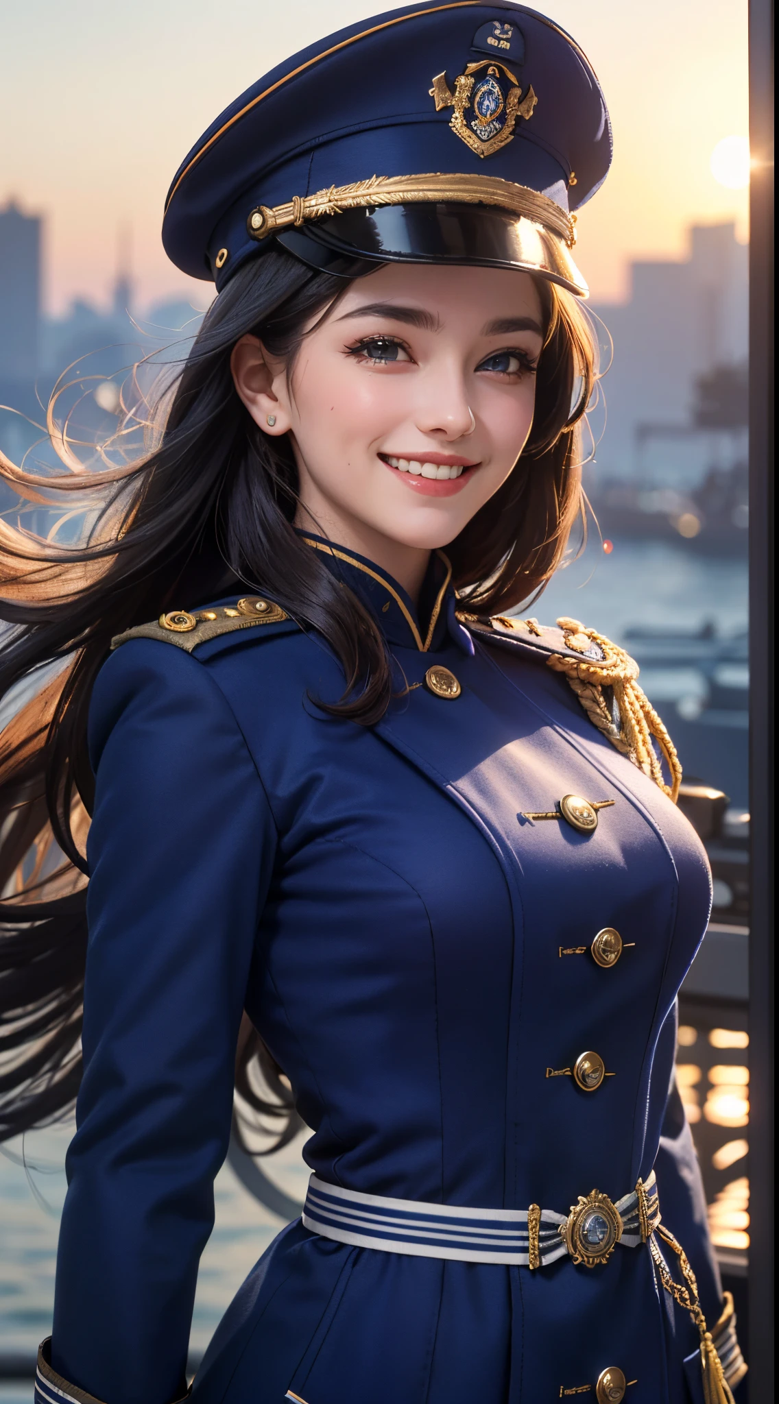 (UHD, retina, masterpiece, ccurate, anatomically correct, textured skin, super detail, high details, high quality, best quality, highres, 1080P, HD, 4K, 8k, 16k), (beautiful detailed eyes, beautiful detailed lips, extremely detailed eyes and face), studio lighting, physically-based rendering, vivid colors, (large breasts, glamorous body), (royal blue color, naval uniform coat, rank insignia:1.5), (peaked cap:1.2), business shirt, gloves, (portrait, shiny hair, shiny skin, blush, hair blowing in the wind), (the sun setting on the horizon, bokeh), eye reflection, jet black hair, (smile and laugh:1.5),
