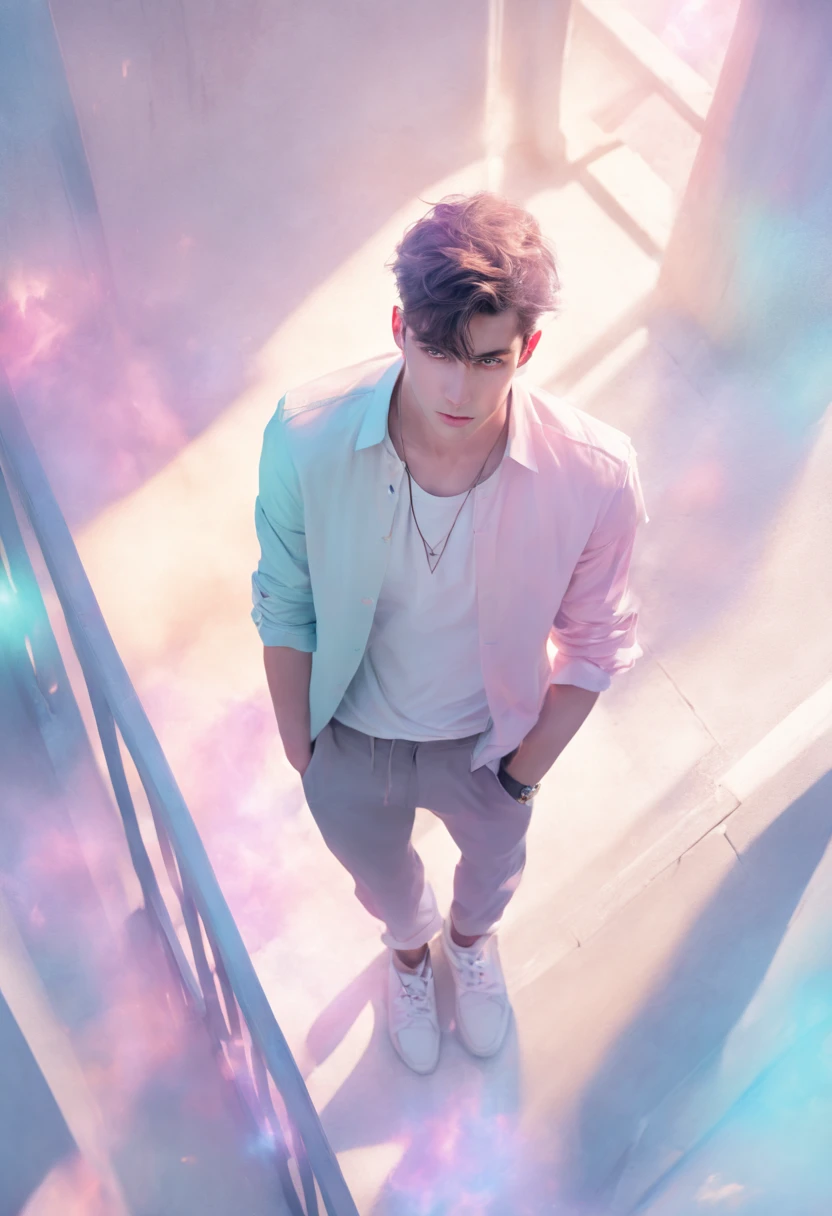 from above, (Handsome young man), Complex light, pastel colours, style modern urban fantasy