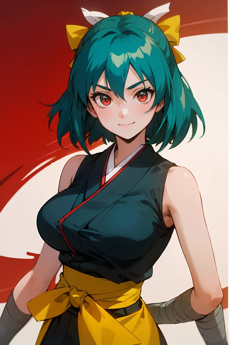 Yaku, 1GIRL, LARGE BREASTS, HAIR BOW, RED JAPANESE CLOTHES, SLEEVELESS, SASH, BANDAGED ARM, BLACK THIGHHIGHS, green hair, solo, facing viewer, looking at viewer, upper body, smile.