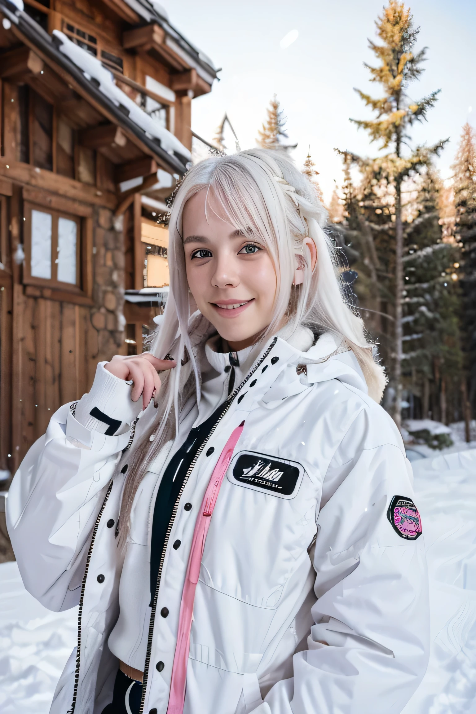 WHITE HAIR, ite Italian girl, 20 years old, so pretty, big smile, a lot of frecklelue eyes, pale and beautiful skin, long hair, white shiny hair, she is doing snowboard in the wood, really cool snowboard gear, pink jacket, snow outside, winter vibes, white smooth hair, WHITE HAIR