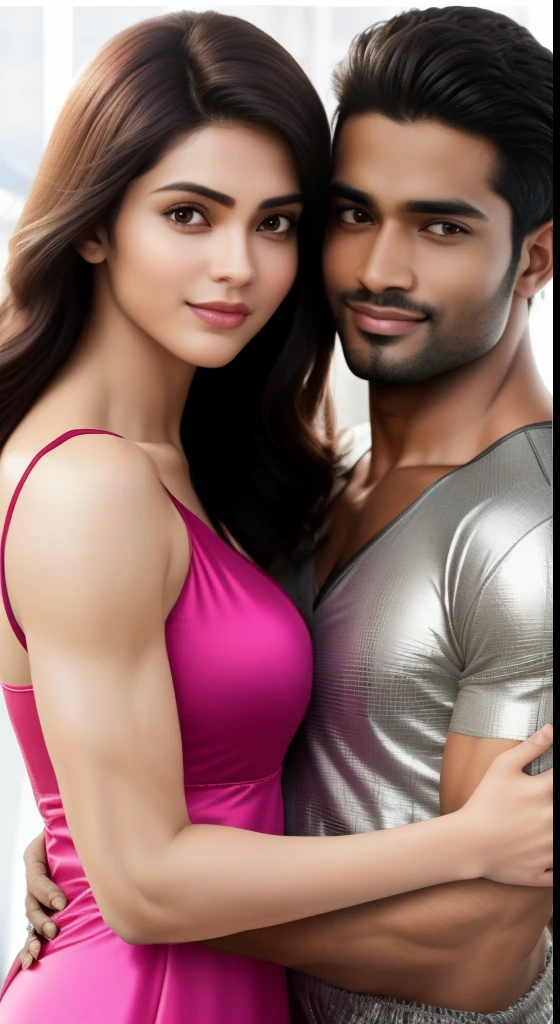 1 muscular very hary, handsome and attractive African man with sexy Indian married woman bit chubby wearing a sexy golden/silver/pink satin nighty. Both are hugging pose and there body is toward s the camera which is front. The woman is in front and the man is behind her. The woman is to the left side of the man. The man is hugging the woman from behind. The woman is standing on the left side of the man. In office. Hyper realistic image detail image. woman standing on left of the man with her navel visible