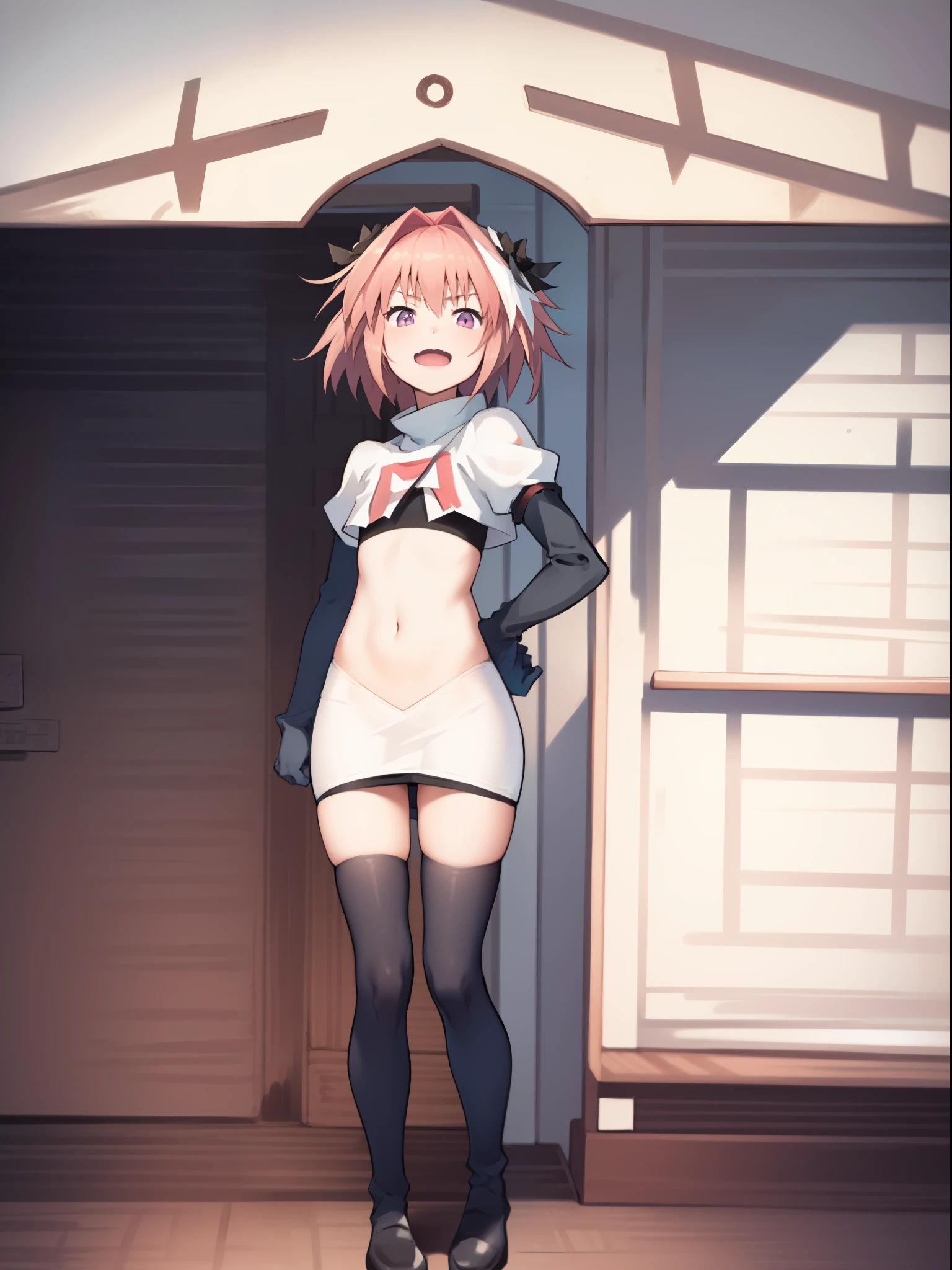 absurdres, masterpiece, best quality, (astolfo fate:1.2155), 1boy, male focus, trap, pink multicolored hair, pink hair, white hair, hair intakes, long hair, pink detailed eyes, crossdressing,1boy, team rocket,team rocket uniform, red letter R, white skirt,white crop top,black thigh-highs,black elbow gloves