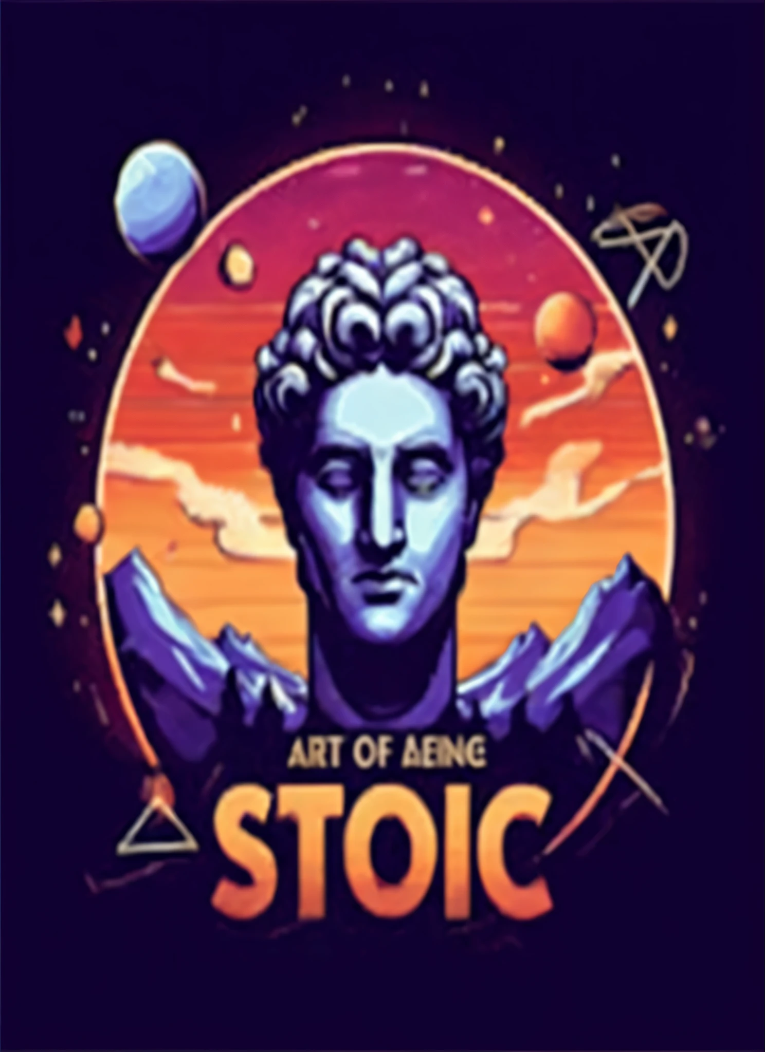 T-shirt design featuring a stylized image of a statue in the center of a space environment, stoic, stoic and calm, stoicism, stoic face, stoic attitude, stoic pose, godlike and stoic, stoic facial expression, Artststion, arte oficial, Magic the Gathering ArtStyle, MTG Estilo de Arte