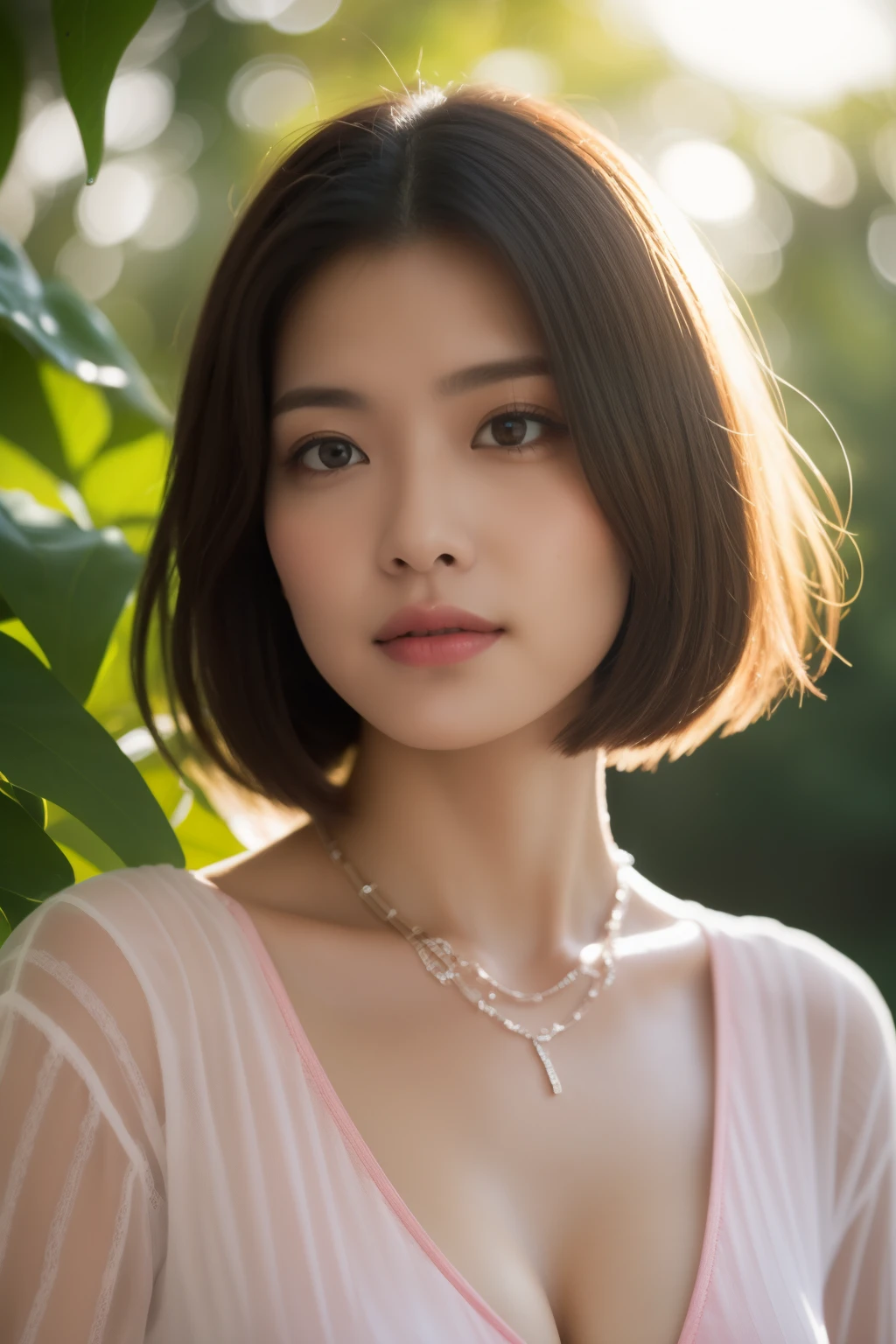 asian lady wear pink yoga suits , deep neck line,   necklace, small breast, rounded shape breast,  ((she)), ((mid-shot, upper body, slender waist)), Hair Up Do、 Glowing eyes, nose blush, Carl Larsson, Alfonse Mucha, Chiaroscuro, Film Glenn, reflective light, (((mid-Shot))), waist to top,longshot show full body, masterpiece, high details, sun light on her, leaf shading, (()) ,