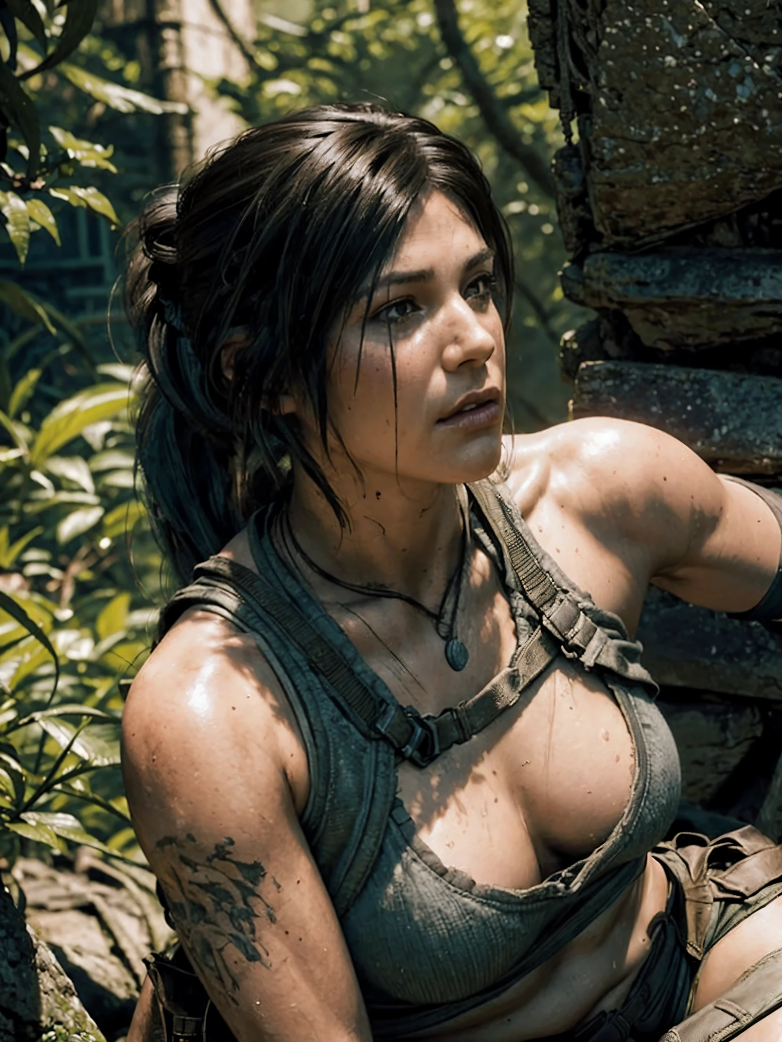 Lara Croft,ponytail,shadow of tomb raider,capture,torn clothes, mild nudity, nudity, boobs , naked, scratched,injured,tired,exhausted,sweaty,(best quality:1.2),ultra-detailed,(realistic:1.37),portrait,dark and mysterious,colorful lighting.
