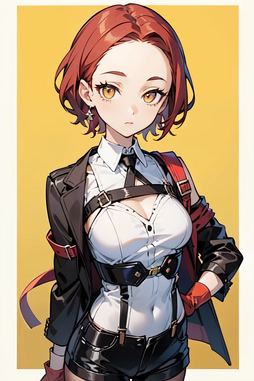 1girl, young woman, solo, short hair, Small hair, (forehead:1.2), yellow eyes, sharp ocular posture, (scarlet red hair), light brown skin tone, Athletic, muscular, medium breasts, (cropped jacket, black jacket), white shirt, collared shirt, (chest harness, shoulder strap:1.15), black leather shorts, pantyhose 7/8, garter belt, gloves, elegant, looking at viewer, standing, mustard color background, masterpiece, best quality, 4k