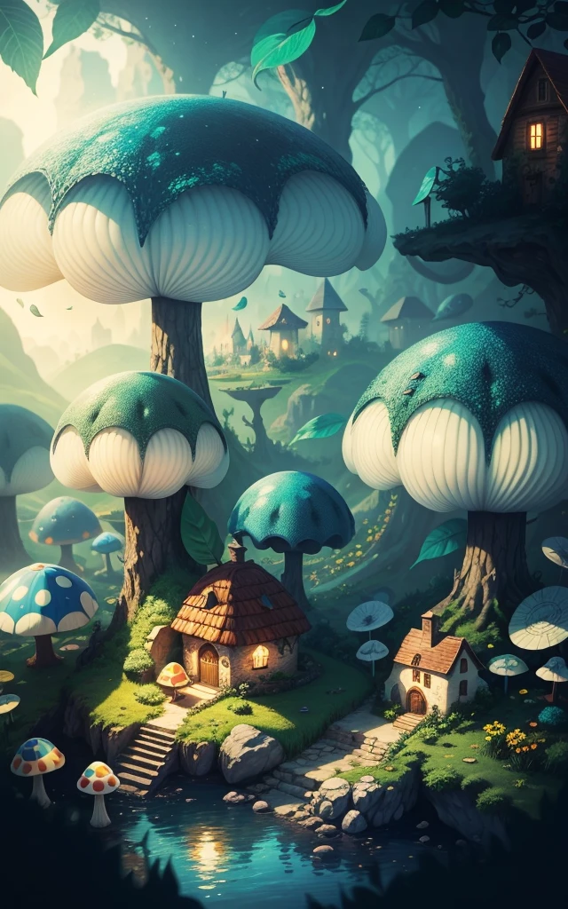 World in a bottle,A fairyland-like hideaway,Colorful mushroom house,a fairy world,summer day,beachside,rios,tree house,Sunflower fields,lavender,mountain ranges,mountain peakig trees,a small medieval village, Italy, vila, Medieval town, medieval village, fantasy italy, quaint village, italian masterpiece, medieval coastal village, medieval town landscape、Cobblestone road、View from the street、Behold the