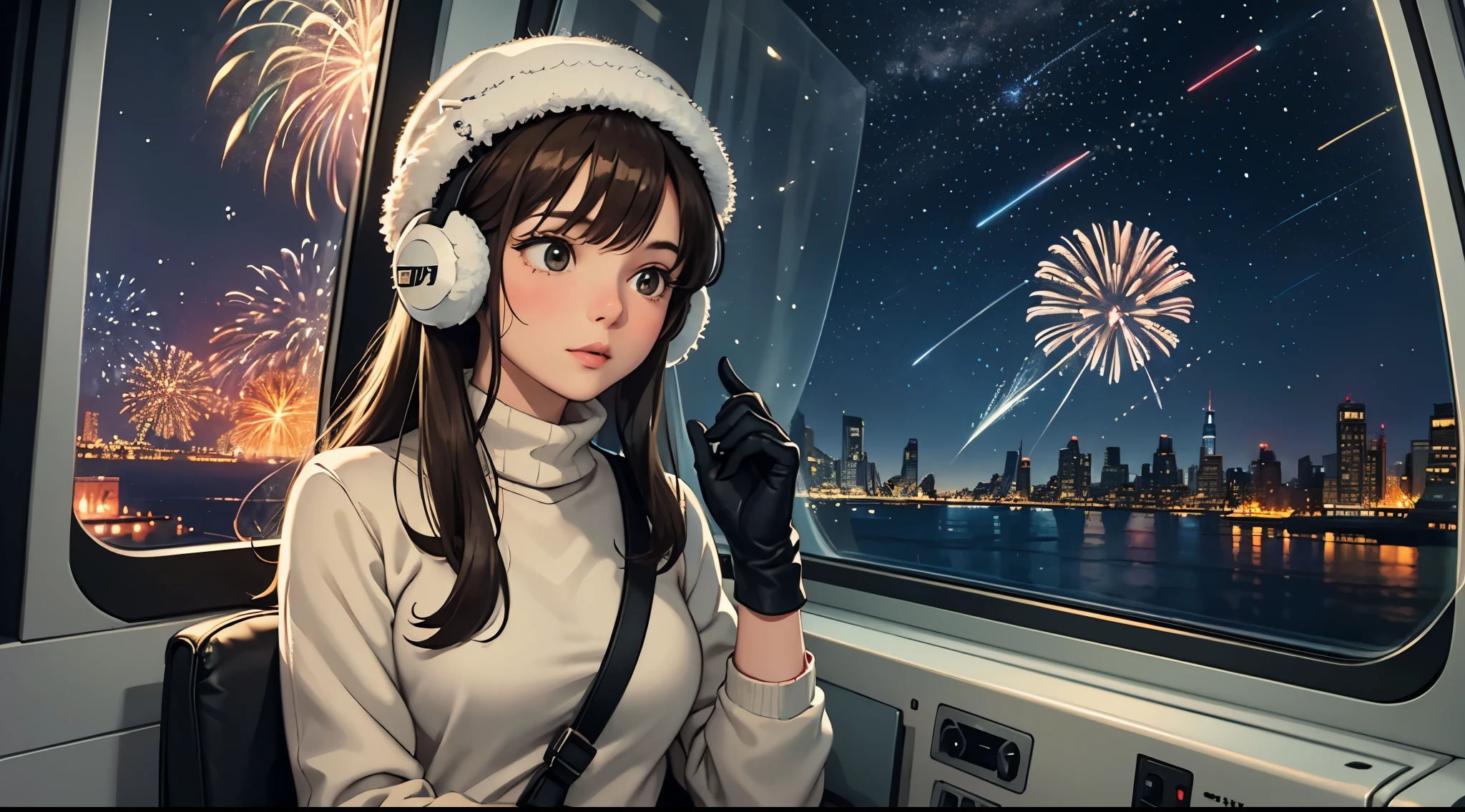 lofi relaxed one brunette girl with headphones flies in helicopter, looks in awe through window, head glued to window. winter night. beautiful landscape of New York with (fireworks) in night sky.. travel. tourist. sweater, gloves, winter hat. long hair. new year eve