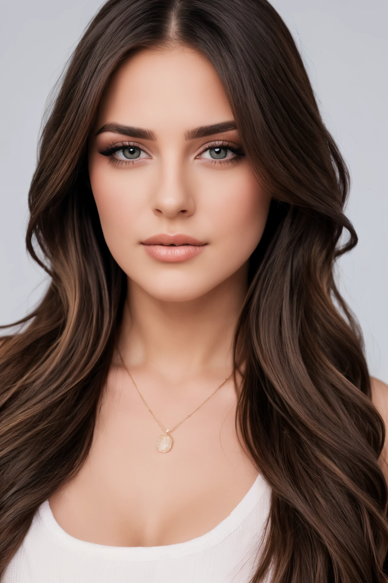 woman,cute,lips,long hair,looking at viewer,makeup,nose,realistic,solo,upper body,raw photo,studio_shot,8k uhd,dslr,soft lighting,high quality,film grain