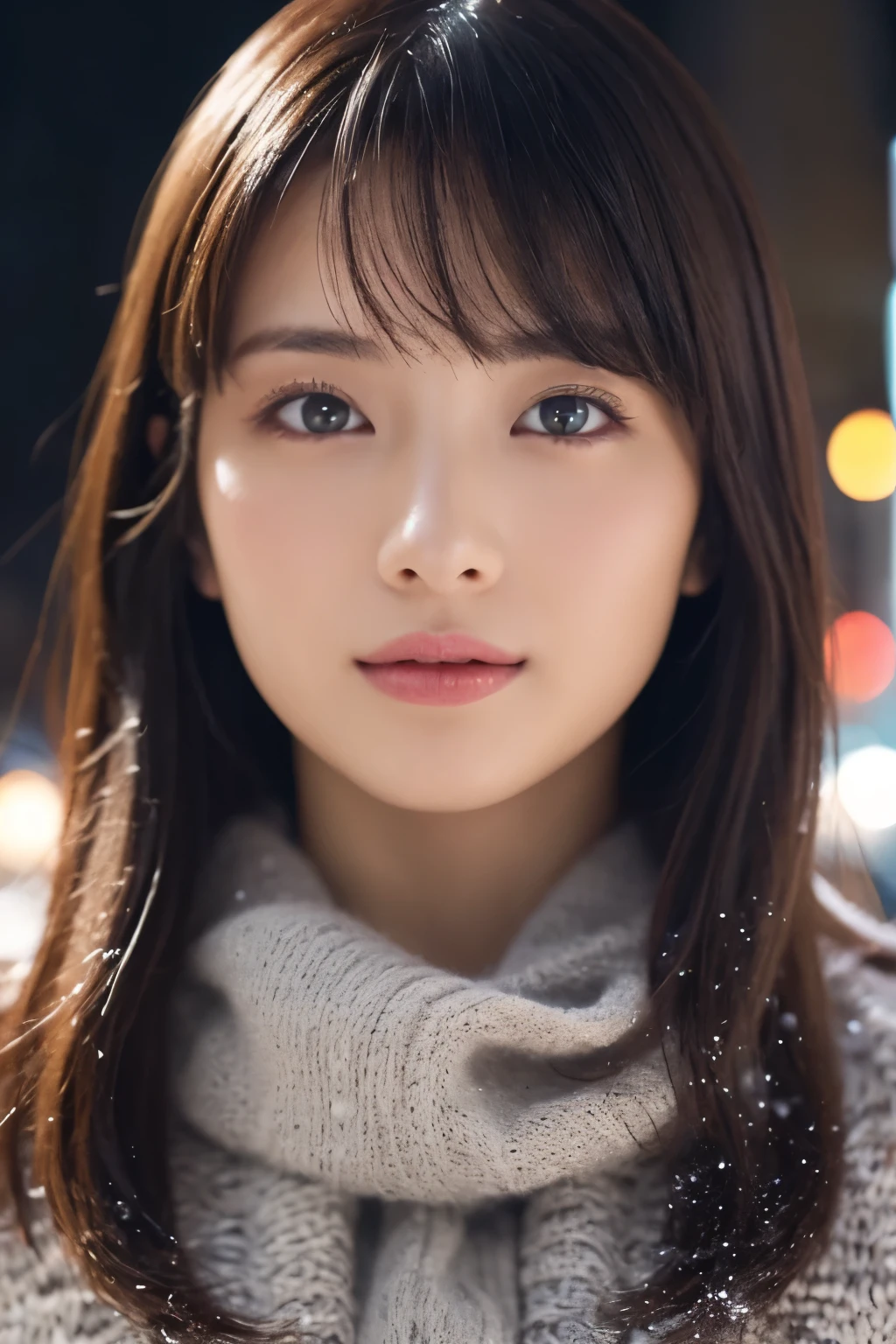 1girl in, (Wear winter clothes:1.2), 
(Raw photo, Best Quality), (Realistic, Photorealsitic:1.4), masutepiece, 
Extremely delicate and beautiful, Extremely detailed, 2k wallpaper, amazing, finely detail, 
the Extremely Detailed CG Unity 8K Wallpapers, Ultra-detailed, hight resolution, Soft light, 
Beautiful detailed girl, extremely detailed eye and face, beautiful detailed nose, Beautiful detailed eyes, Cinematic lighting, 
Winter Night View, Roadside trees in Roppongi Hills with lots of illuminations, It's snowing,
Perfect Anatomy, Slender body,
Straight semi-long hair, Bangs, Looking at Viewer, A slight smil