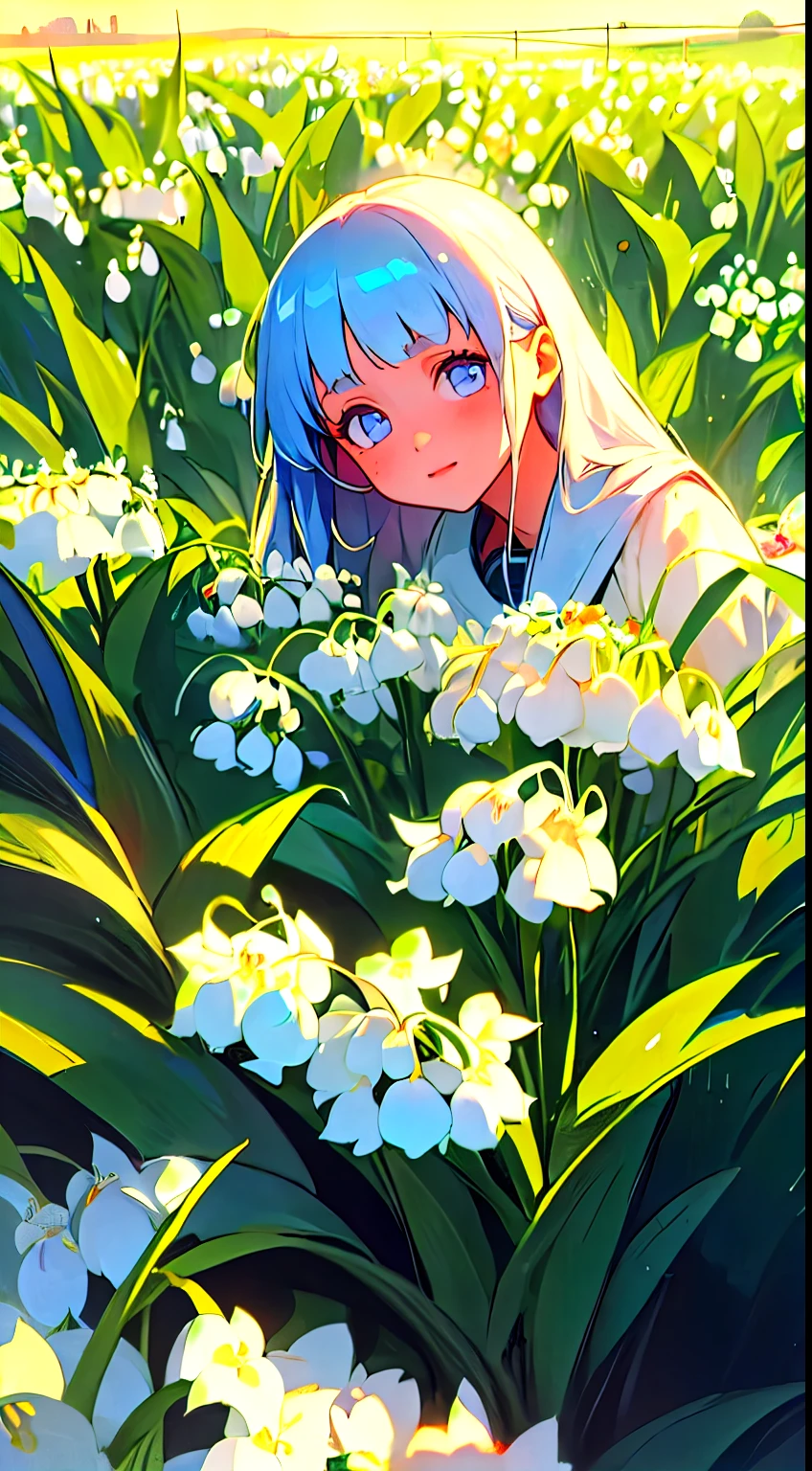 Girl standing in lily of the valley flower field, detailed face,full shot, sunrise