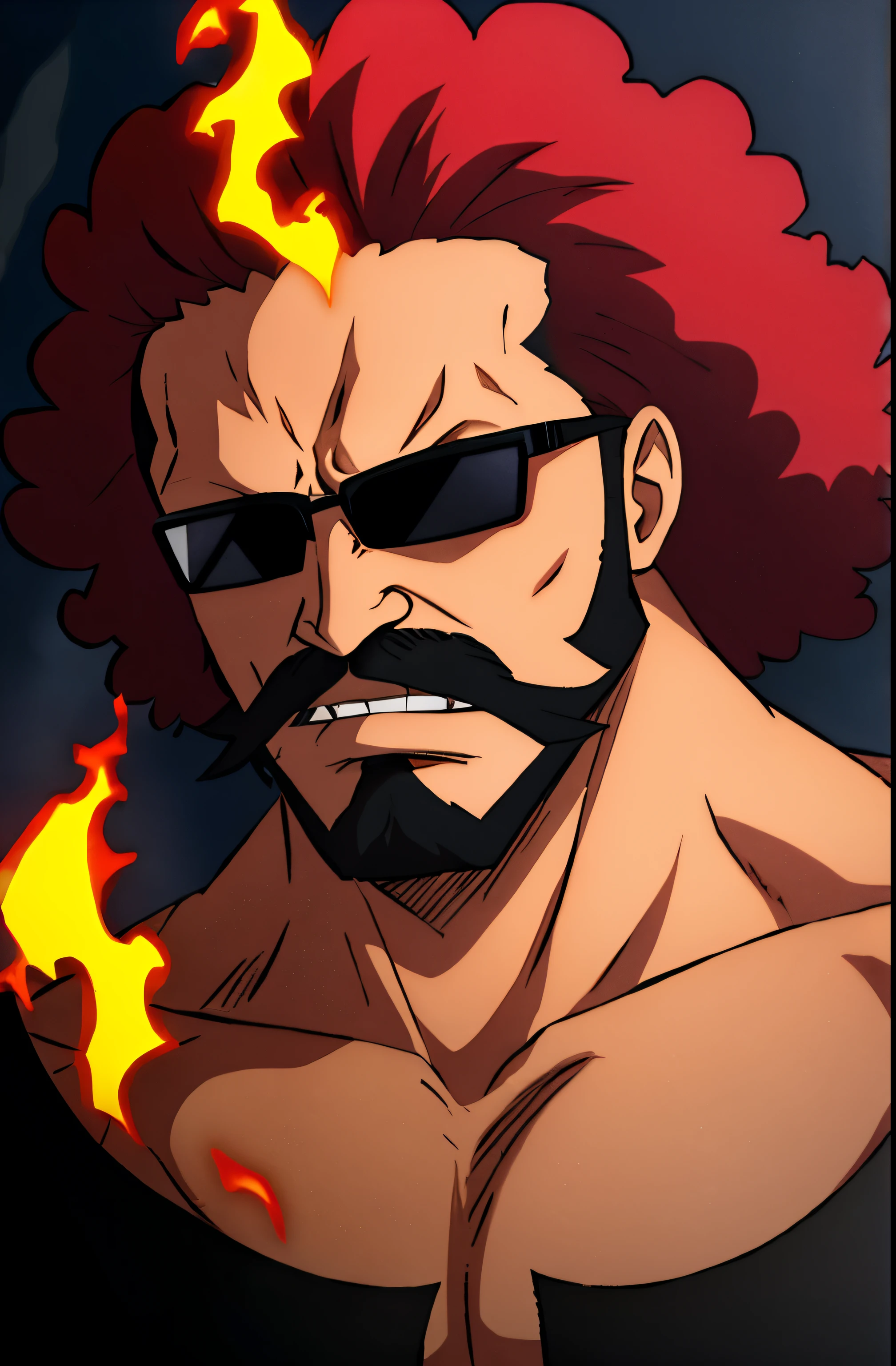 1boy, wanostyle,  angry looking, looking at viewer, red afro hair, black sunglasses, black beard, black mustache, solo, upper body, (((masterpiece))), ((best quality)), (extremely detailed), watercolor, illustration, depth of field, sketch, dark intense shadows, sharp focus, soft lighting, hdr, colorful, good composition, fire all around, spectacular, closed shirt, anime screencap