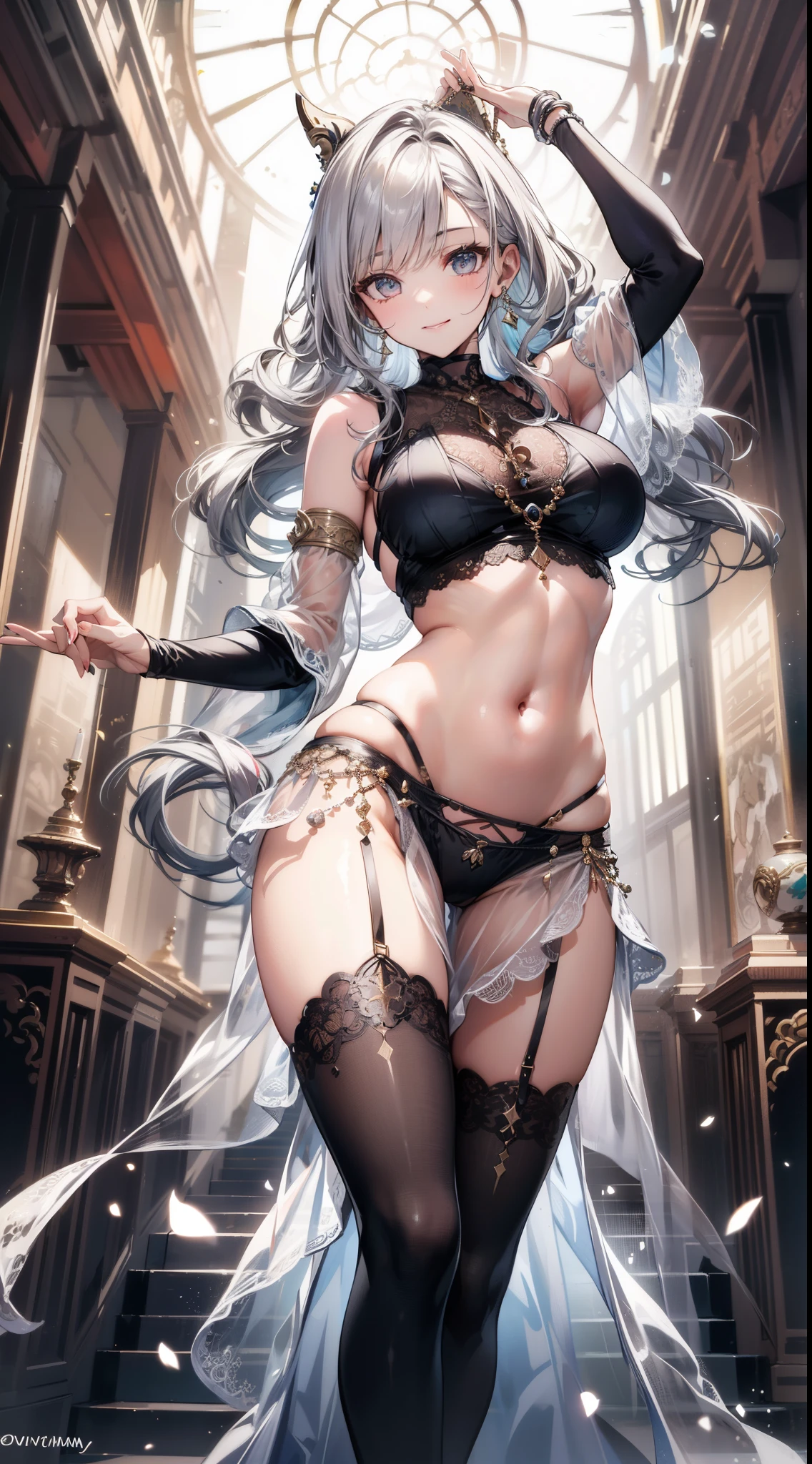 ((Ultra high resolution, 8K RAW photo, super realistics)), ((correct anatomy:1.5)), dancing Oppai gal, swinging boobs, stepping hard, leg up, long wavy hair, silver hair, crimson mesh hair, floating hair, fluttering hair, (high detailed face, super detailed eye), (sfw:1.25), belly dance, Arabian, delicate detailed clothes and accessories, see-through clothes, mesh robe, great festival show, special altar, sexy dance, leaning backward, showing off crotch, looking at viewer, sexy smile, dutch angle, from below, floating extra see-through clothes, in front of temple, splash, bokeh, extra floating see-through clothes,