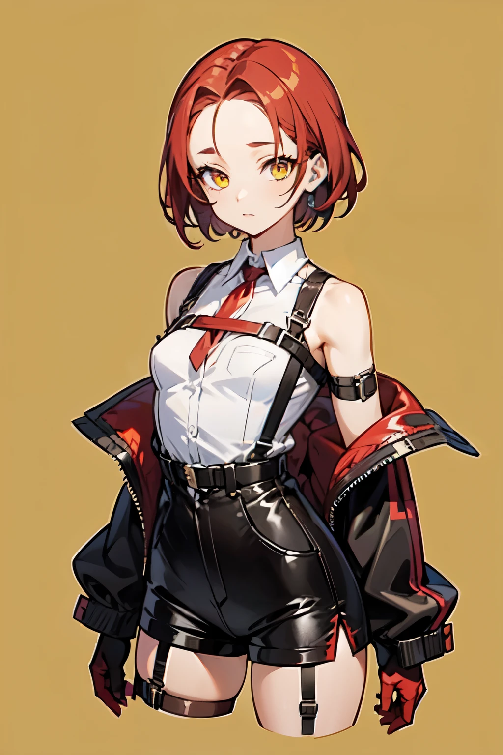 1girl, young woman, solo, short hair, Small  hair, (forehead:1.2), yellow eyes, sharp ocular posture, (scarlet red hair), light brown skin tone, Athletic, muscular, medium breasts, (cropped jacket, black jacket), white shirt, collared shirt, (chest harness, shoulder strap:1.15), black leather shorts, pantyhose 7/8, garter belt, gloves, elegant, looking at viewer, standing, mustard color background, masterpiece, best quality, 4k