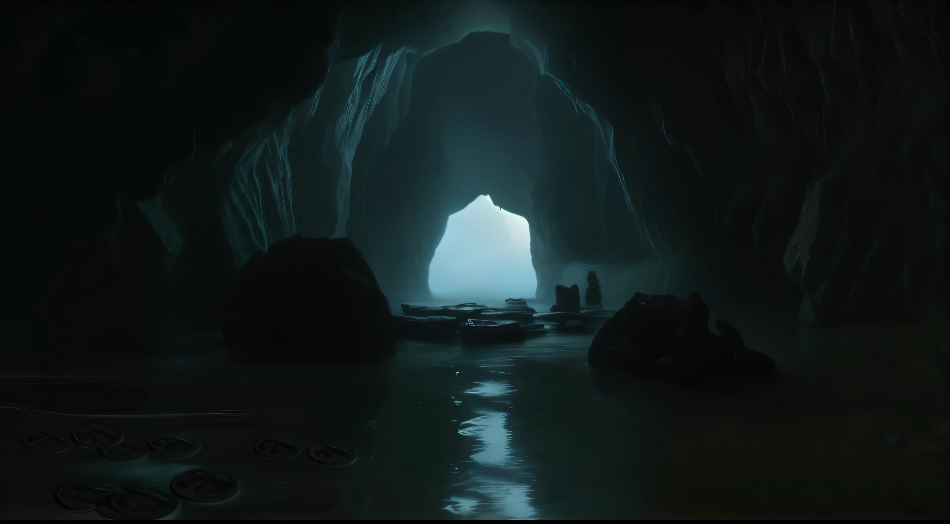 buio, notte. siamo all'interno di una grotta di roccia, completamente buia, illuminata da una candela. south pavement c&#39;è dell&#39;acqua, durante una pioggia. a terra sulla roccia delle monete antiche. indiana jones style, tomb rider style. in the background of the cave with the azure light of the sternum. fuori poche pozzanghere riflettono la luce della luna, lens 28 mm