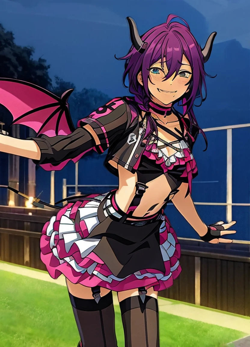 masterpiece, best quality, ultra-detailed, illustration, 1girl, solo, looking at viewer, hllwngm outfit, pink demon wings, demon horns, pink visor cap, headset, black collar, cropped jacket, open jacket, black detached sleeves, black fingerless gloves, cleavage, crop top, suspenders, pink layered miniskirt, black waist apron, brown thighhighs, black knee boots, cowboy shot, outdoors, night, standing, tatoo, long hair, mole under mouth, purple hair, single braid, hair between eyes, aqua eyes, sharp teeth, ahoge,blush, smile