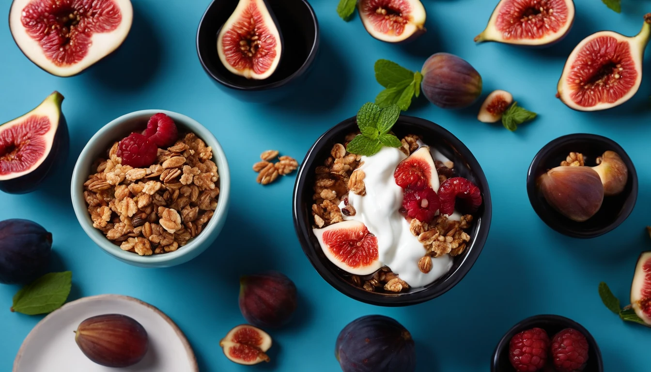 a top view shot of a black bowl filled with natural yogurt, granola, berries, and figs, positioned on a blue background with mint leaves sprinkled around, creating a visually appealing and vibrant composition
