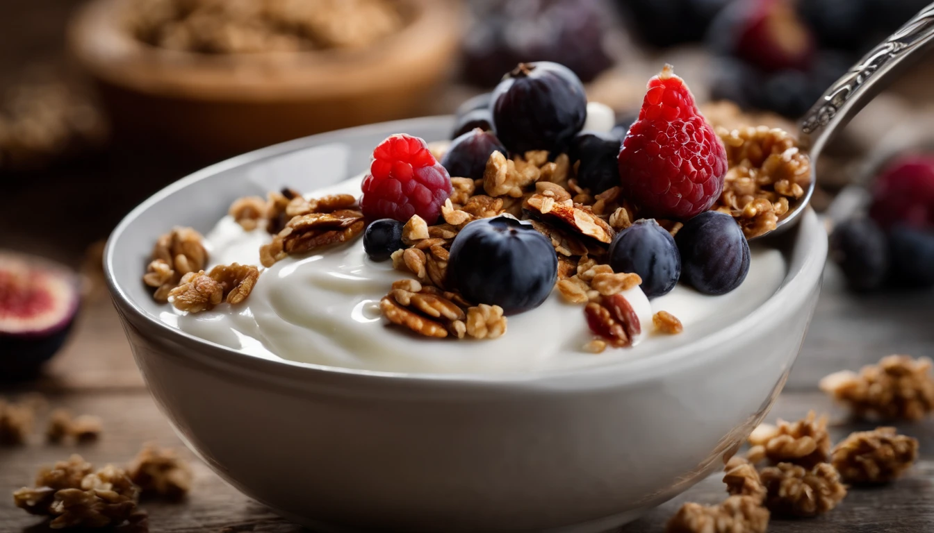 a macro shot of a spoonful of natural yogurt with granola, berries, and figs, highlighting the textures and details of each ingredient, such as the creamy yogurt, crunchy granola, and juicy berries