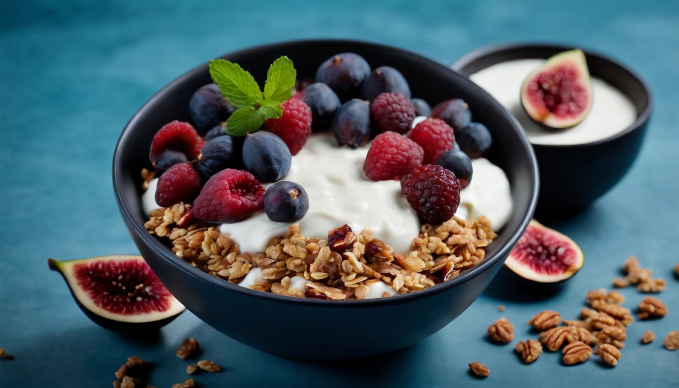 a creative shot of a black bowl filled with layers of natural yogurt, granola, berries, and figs, arranged in a visually pleasing pattern, against a blue background with mint leaves for added freshness and color