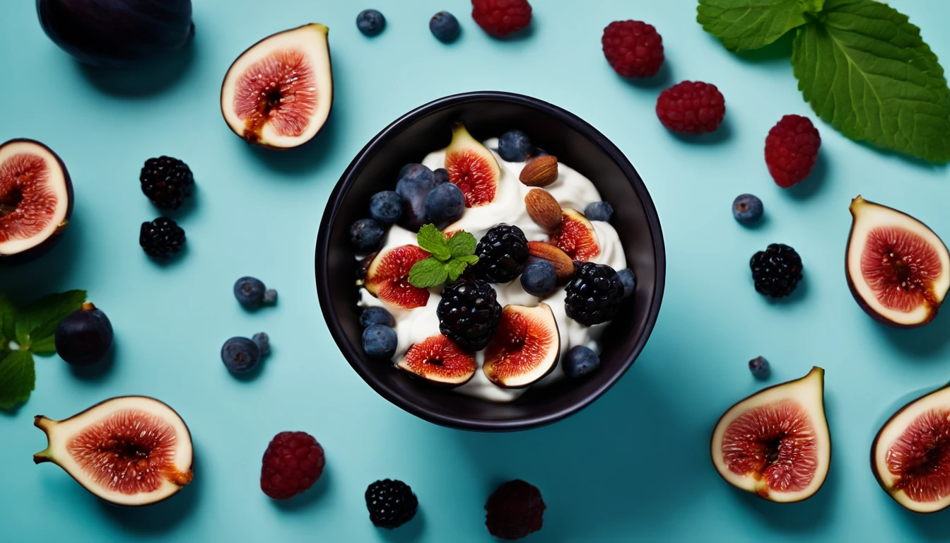 a creative shot of a black bowl filled with layers of natural yogurt, granola, berries, and figs, arranged in a visually pleasing pattern, against a blue background with mint leaves for added freshness and color