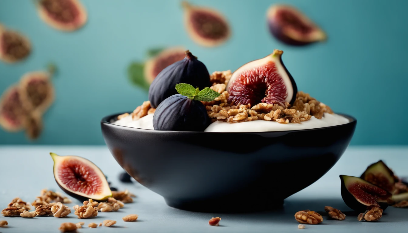 a creative shot of a black bowl filled with layers of natural yogurt, granola, berries, and figs, arranged in a visually pleasing pattern, against a blue background with mint leaves for added freshness and color