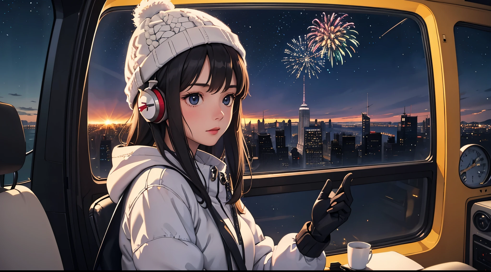 lofi relaxed one brunette girl with headphones flies in helicopter, looks in awe through window, head glued to window. winter night. beautiful landscape of New York with (fireworks) in night sky.. travel. tourist. sweater, gloves, winter hat. long hair. new year eve. side view