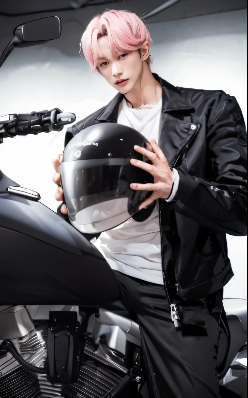 Korean handsome man, on a motorcycle, pink hair