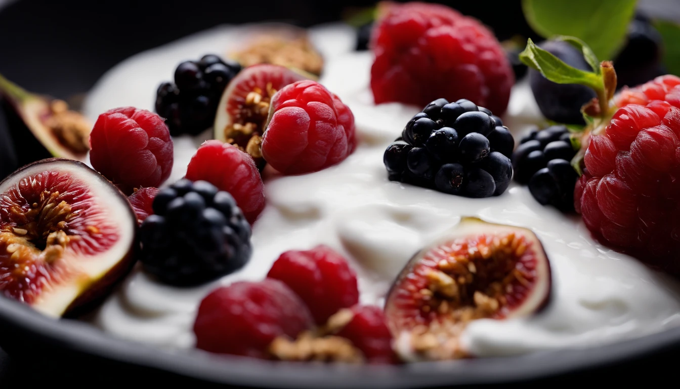 a detail shot of a black bowl filled with natural yogurt, granola, berries, and figs, focusing on the contrasting colors and shapes of the ingredients, such as the vibrant red berries against the creamy yogurt