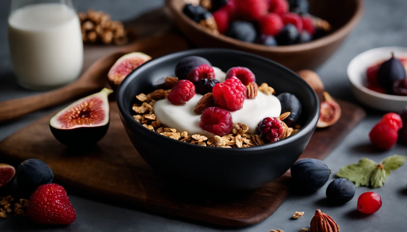 a detail shot of a black bowl filled with natural yogurt, granola, berries, and figs, focusing on the contrasting colors and shapes of the ingredients, such as the vibrant red berries against the creamy yogurt