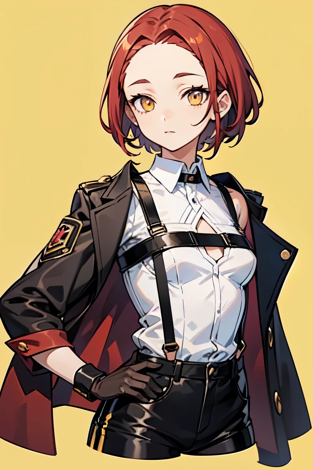 1girl, young woman, solo, short hair, Small hair, (forehead:1.2), yellow eyes, sharp ocular posture, (scarlet red hair), light brown skin tone, Athletic, muscular, medium breasts, (cropped jacket, black jacket), white shirt, collared shirt, (chest harness, shoulder strap:1.15), black leather shorts, pantyhose 7/8, garter belt, gloves, elegant, looking at viewer, standing, mustard color background, masterpiece, best quality, 4k