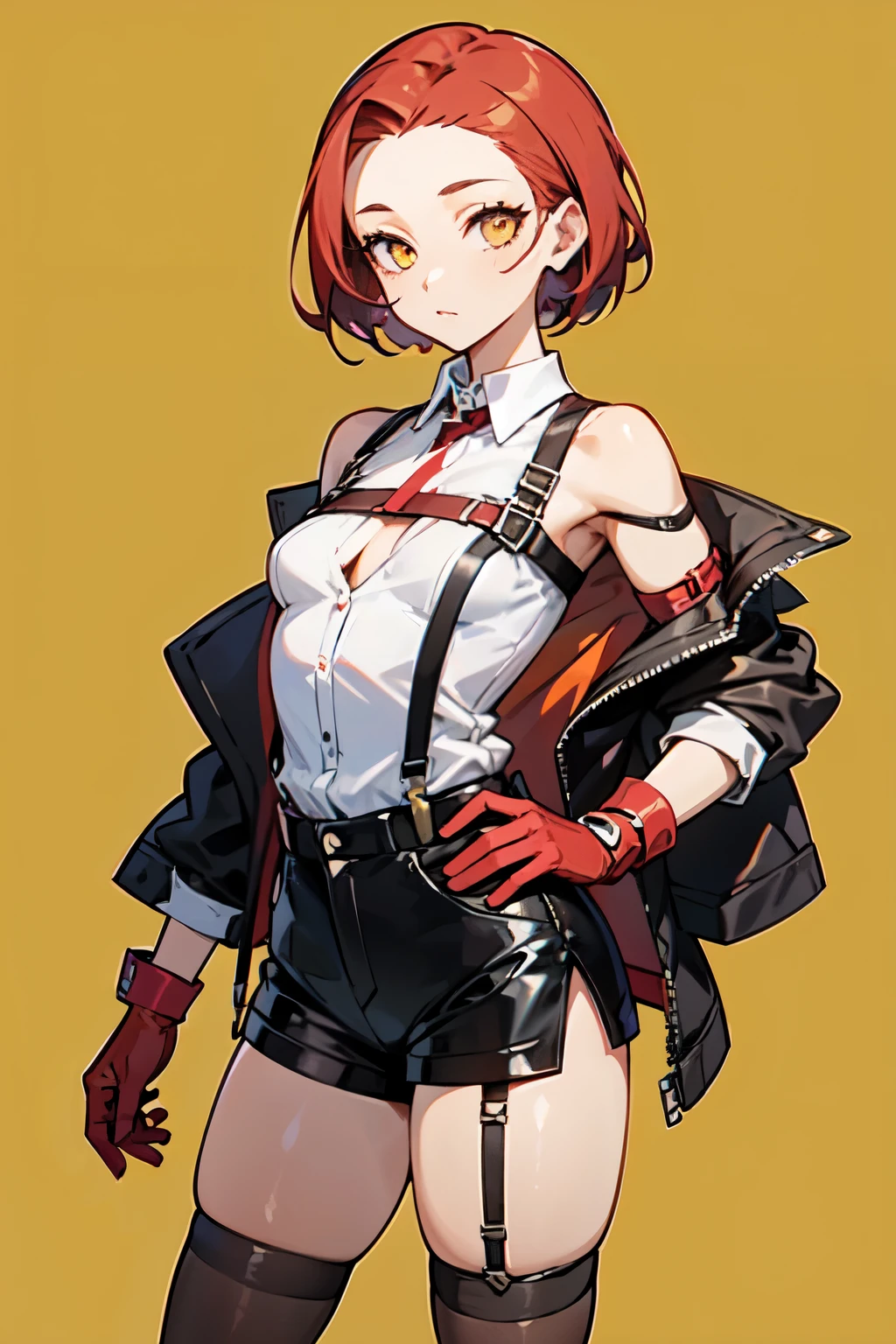 1girl, young woman, solo, short hair, Small hair, (forehead:1.2), yellow eyes, sharp ocular posture, (scarlet red hair), light brown skin tone, Athletic, muscular, medium breasts, (cropped jacket, black jacket), white shirt, collared shirt, (chest harness, shoulder strap:1.15), black leather shorts, pantyhose 7/8, garter belt, gloves, elegant, looking at viewer, standing, mustard color background, masterpiece, best quality, 4k
