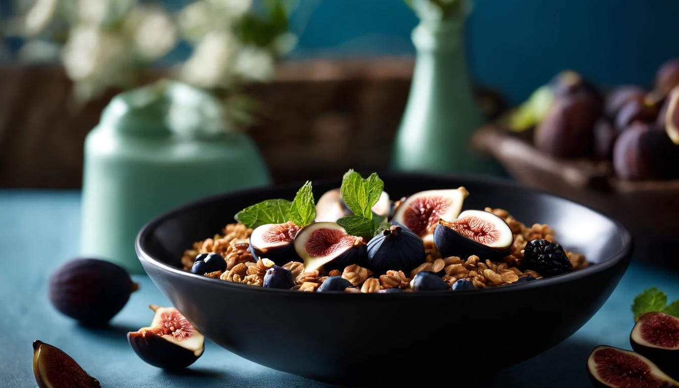 an image of a black bowl filled with natural yogurt, granola, berries, and figs, positioned on a blue background with a sprig of mint, utilizing soft and diffused lighting to create a serene and inviting atmosphere