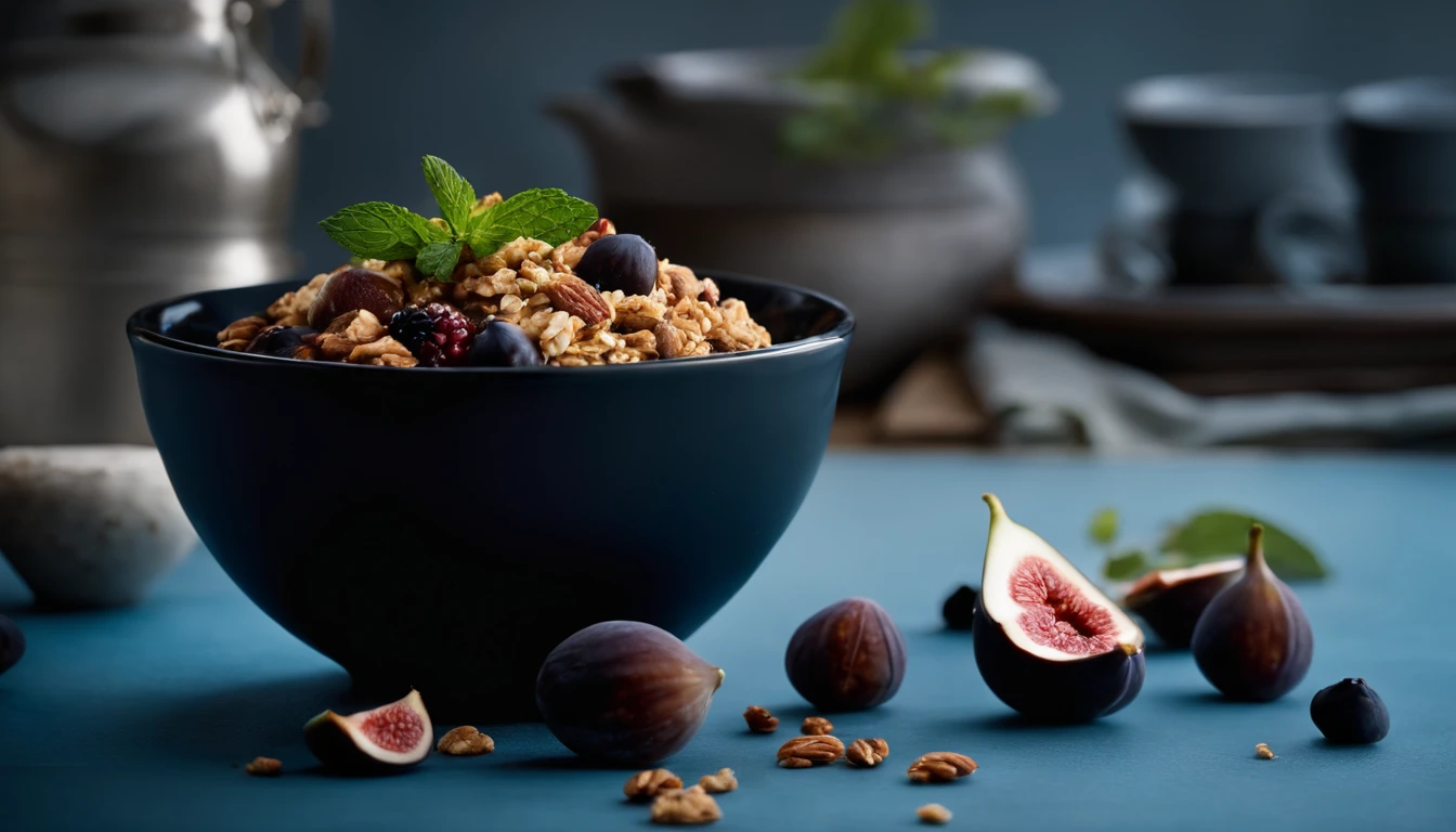 an image of a black bowl filled with natural yogurt, granola, berries, and figs, positioned on a blue background with a sprig of mint, utilizing soft and diffused lighting to create a serene and inviting atmosphere