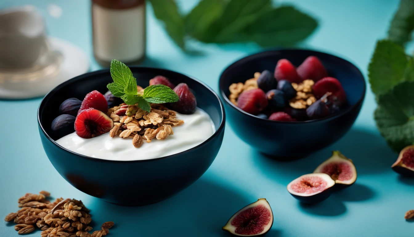 an image of a black bowl filled with natural yogurt, granola, berries, and figs, positioned on a blue background with a sprig of mint, utilizing soft and diffused lighting to create a serene and inviting atmosphere