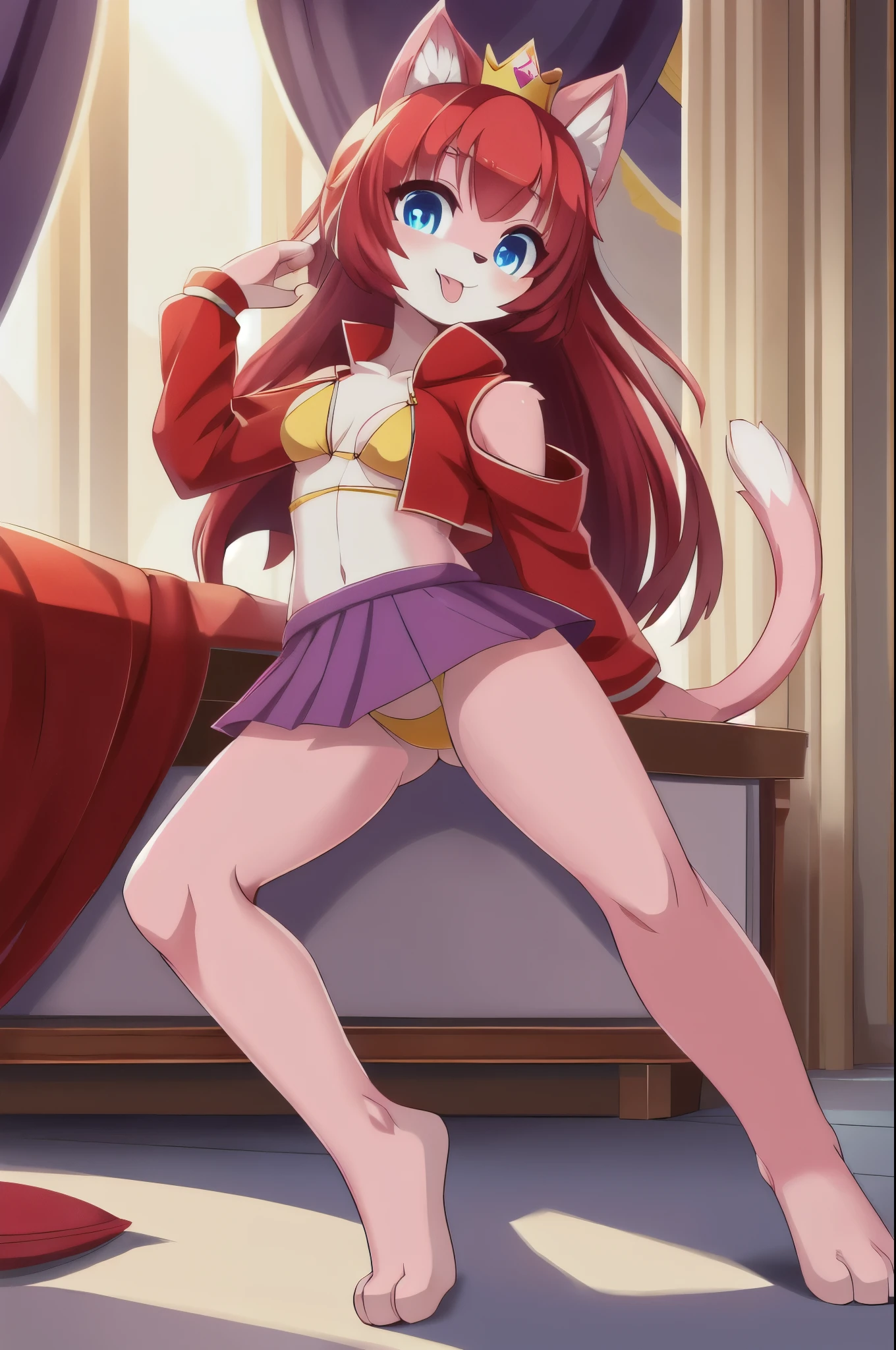 furry girl, cat, red hair, Knight bangs hairstyle, long ponytail, anime style, medium breasts, blue eyes, ((red jacket, sleeveless, open clothes, yellow bikini, purple skirt, princess crown)), high quality, detailed body, detailed eyes, detailed face, masterpiece, glistening body, detailed body fur, best quality, two tone body, pink fur, clear pink fur, perfect lighting, perfect shadows, perfect eyes, perfect hair, perfect face, gorgeous body, room, aeghao, tongue out, full body, feets whit three toes,