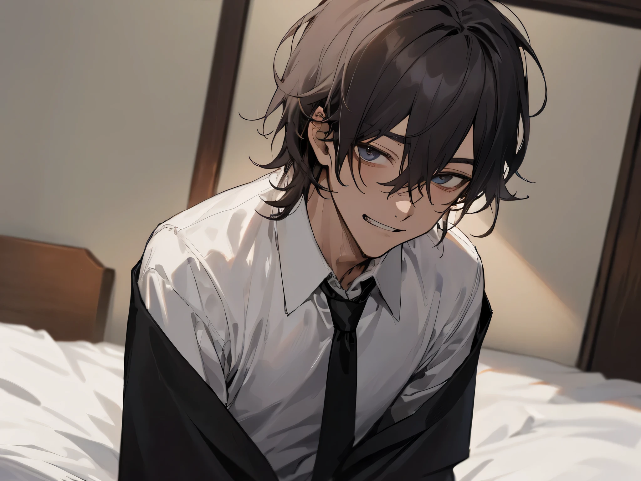 working adults.,male people,a handsome,Cool atmosphere,Soio,A dark-haired,Mash,Depressive Atmosphere(masuter piece,Viewer's Perspective,Upper body,close up of face,ムラムラ,evil smile,Yandere atmosphere,,atmosphere of night,White shirt and black pants,please wear a tie,),Hotel room bed、