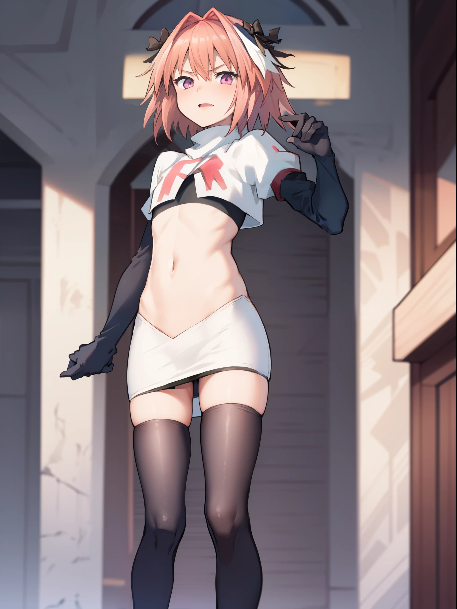 absurdres, masterpiece, best quality, (astolfo fate:1.2155), 1boy, male focus, trap, pink multicolored hair, pink hair, white hair, hair intakes, long hair, pink detailed eyes, crossdressing,1boy, team rocket,team rocket uniform, red letter R, white skirt,white crop top,black thigh-highs,black elbow gloves