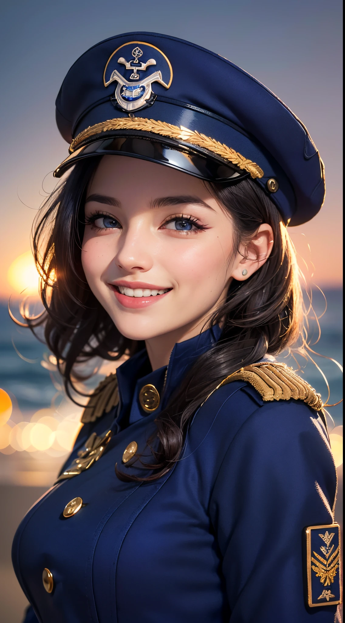 (UHD, retina, masterpiece, ccurate, anatomically correct, textured skin, super detail, high details, high quality, best quality, highres, 1080P, HD, 4K, 8k, 16k), (beautiful detailed eyes, beautiful detailed lips, extremely detailed eyes and face), studio lighting, physically-based rendering, vivid colors, (large breasts, glamorous body), (royal blue color, naval uniform coat, rank insignia:1.5), (peaked cap:1.2), business shirt, gloves, (portrait, shiny hair, shiny skin, blush, hair blowing in the wind), (seaside at night, bokeh), eye reflection, jet black hair, (smile and laugh:1.5),