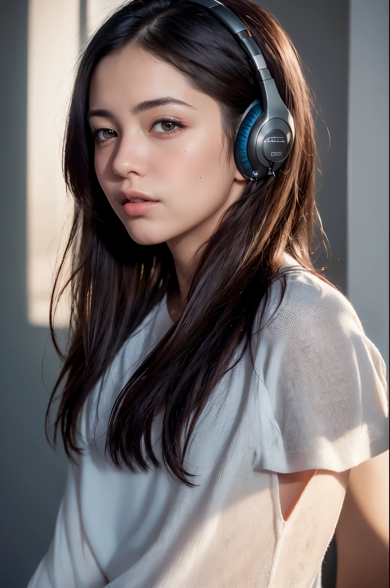 dressed, (photo realistic:1.4), (hyper realistic:1.4), (realistic:1.3),
(smoother lighting:1.05), (increase cinematic lighting quality:0.9), 32K,
1girl, realistic lighting, backlighting, light on the face, ray trace, (brightening light:1.2), (Increase quality:1.4),
(best quality real texture skin:1.4), finely detailed eyes, finely detailed face, finely quality eyes,
(tired and sleepy and satisfied:0.0), face closeup, t-shirts with headphones,
(Increase body line mood:1.1), (Increase skin texture beauty:1.1)