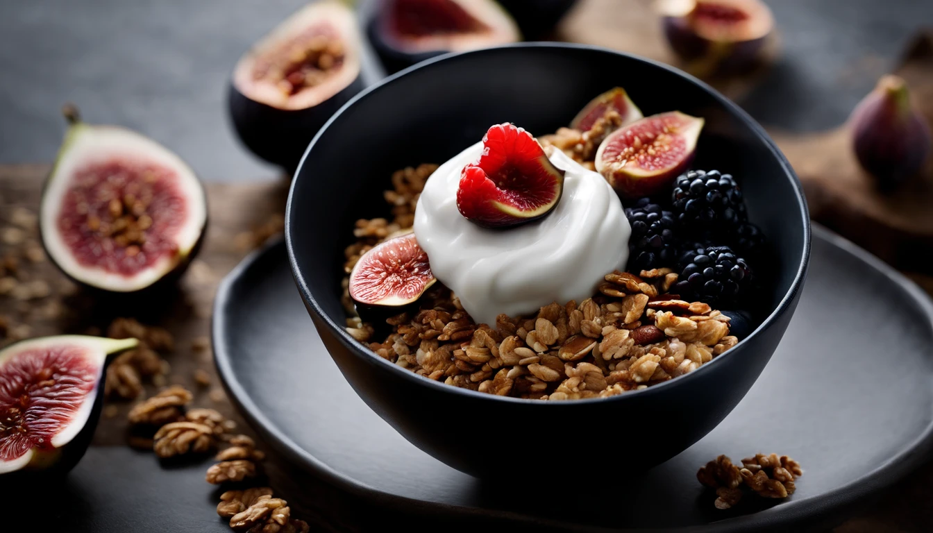 a dynamic action shot of pouring natural yogurt into a black bowl filled with granola, berries, and figs, capturing the movement of the ingredients and creating a sense of freshness and vitality