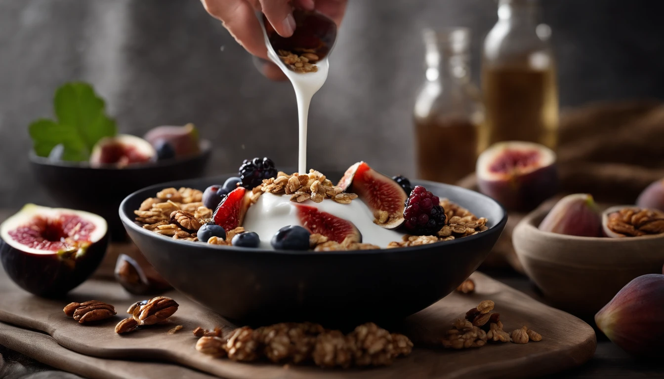 a dynamic action shot of pouring natural yogurt into a black bowl filled with granola, berries, and figs, capturing the movement of the ingredients and creating a sense of freshness and vitality