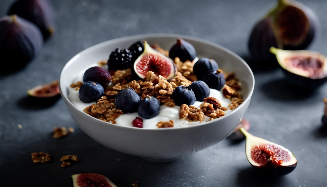 a dynamic action shot of pouring natural yogurt into a black bowl filled with granola, berries, and figs, capturing the movement of the ingredients and creating a sense of freshness and vitality
