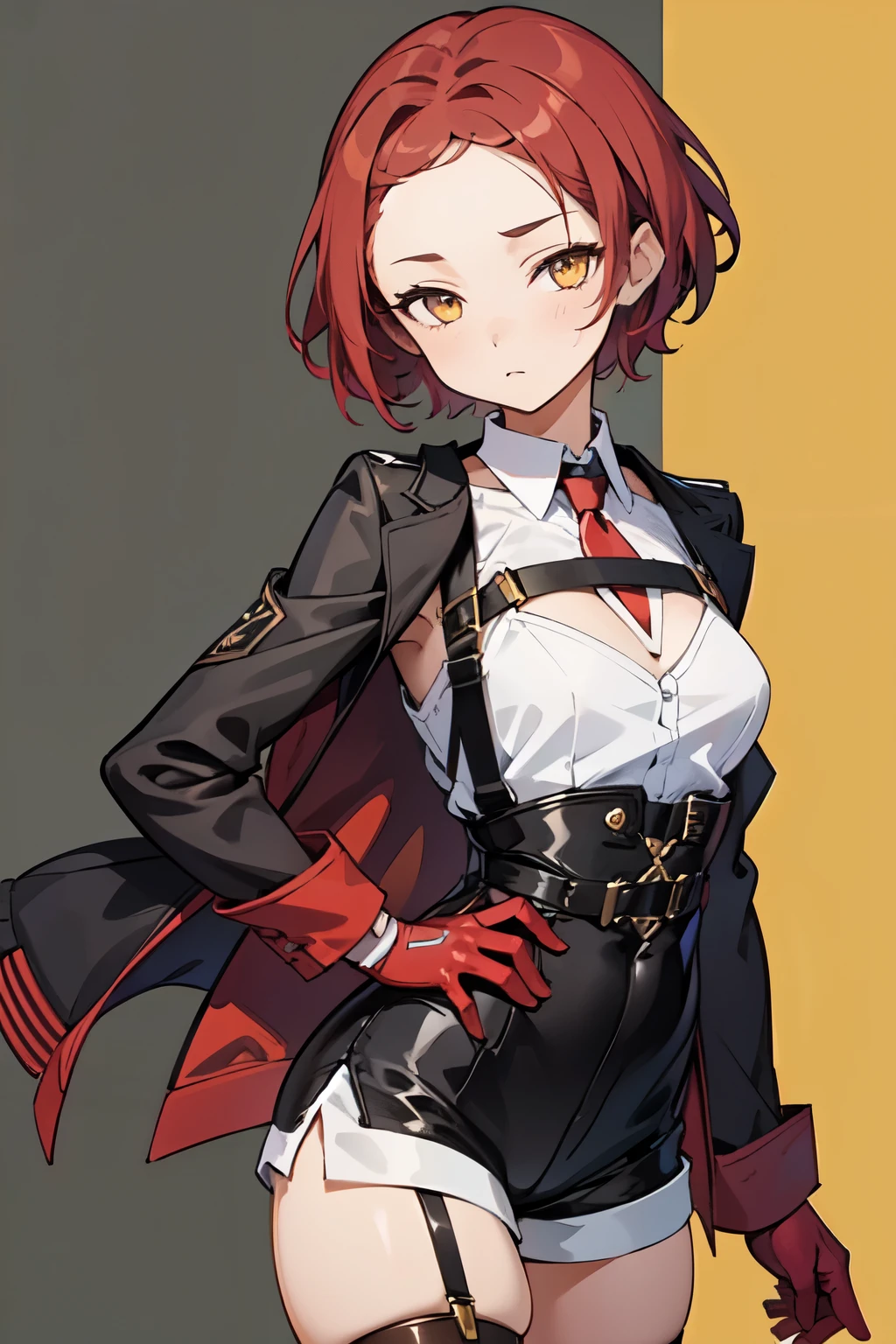 1girl, young woman, solo, short hair, Small hair, (forehead:1.2), yellow eyes, sharp ocular posture, (scarlet red hair), light brown skin tone, Athletic, muscular, medium breasts, (cropped jacket, black jacket), white shirt, collared shirt, (chest harness, shoulder strap:1.15), black leather shorts, 7/8 pantyhose, garter belt, gloves, elegant, looking at viewer, standing, mustard color background, masterpiece, best quality, 4k
