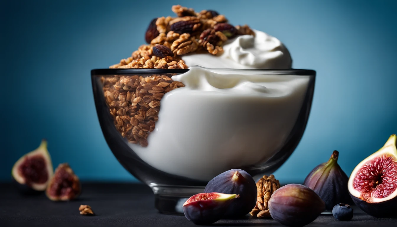 a monochromatic shot of a black bowl filled with natural yogurt, granola, berries, and figs, against a blue background, highlighting the textures and layers of the ingredients without the distraction of color