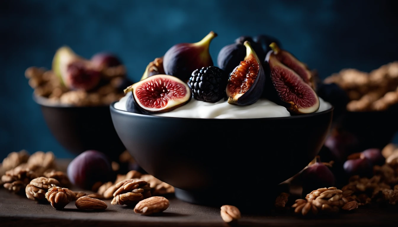 a monochromatic shot of a black bowl filled with natural yogurt, granola, berries, and figs, against a blue background, highlighting the textures and layers of the ingredients without the distraction of color
